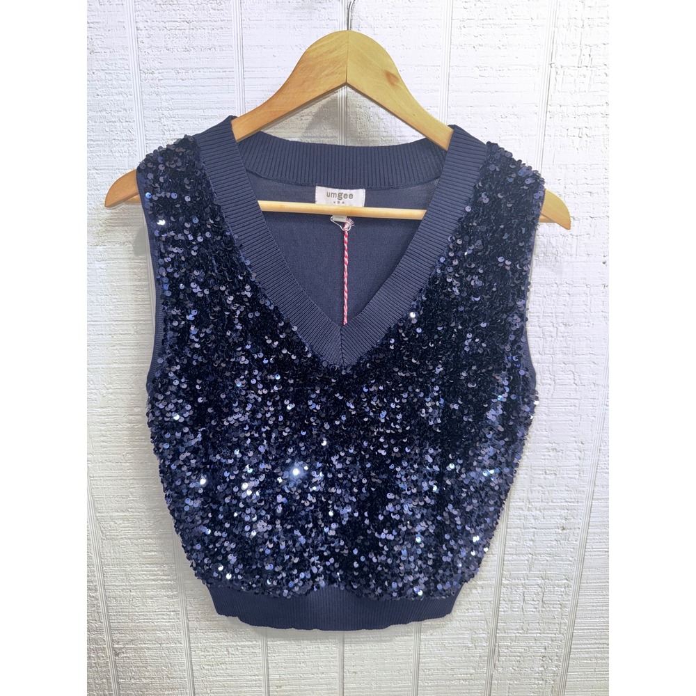 Umgee Sweater Vest Women Navy Blue Sequin Front V-Neck Knit A0354 Medium NWT